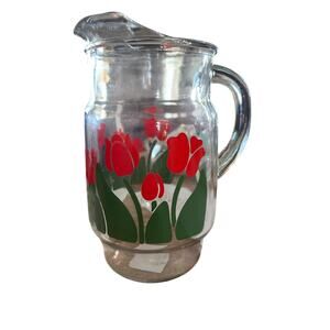Nina Greenhouse Red Tulip  Glass Pitcher Anchor Hocking 10 C Water, tea, juice